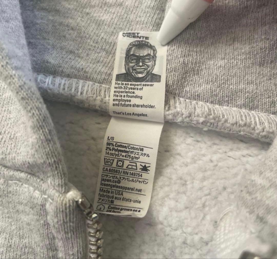 ロサンゼルスアパレル　ロスアパ ジップパーカー　14oz グレー Lサイズ