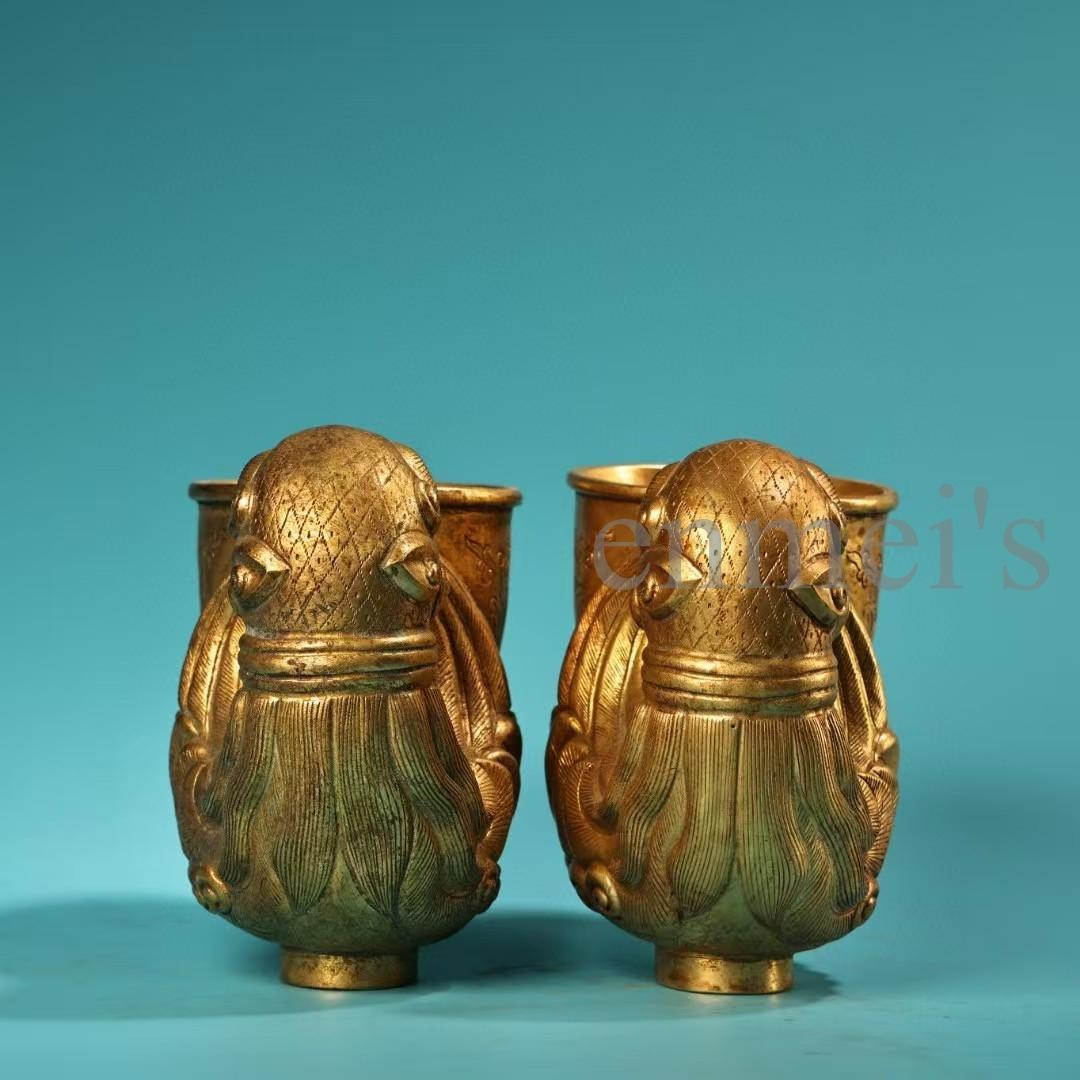 中国古美術・旧蔵純銅製・鎏金鳳凰酒杯一対・ワイングラス・高浮彫・錾刻・酒具・置物