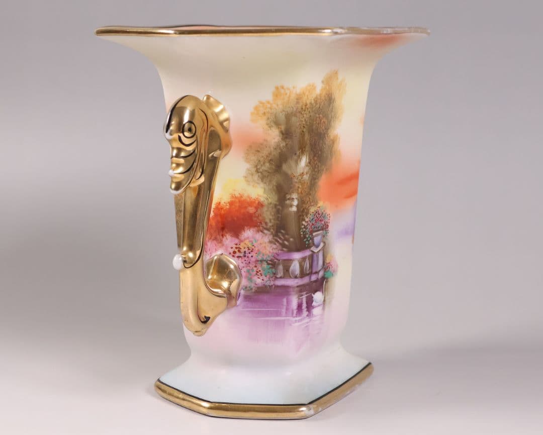 【CM305】オールドノリタケ 湖畔の風景 白鳥 花瓶 15.5cm 耳付 花入