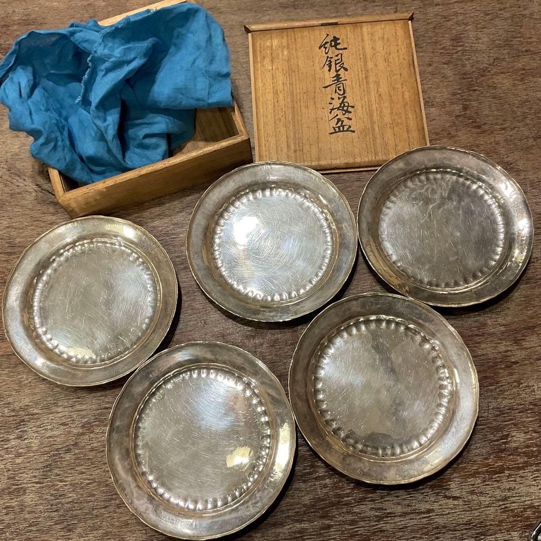 総重量325g！ 時代金工 青松堂 純銀 銘々青海盆 五客揃 共箱付き 煎茶道具