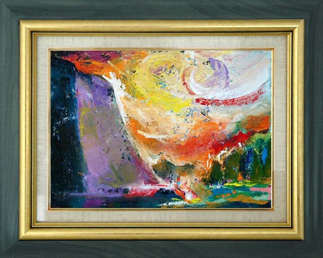 油絵 菅家令子絵画インテリア額付( 青緑＋金色の枠 )uF6-111309風景陽