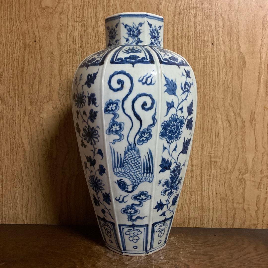 中国　染付　面取瓶　龍鳳花之図