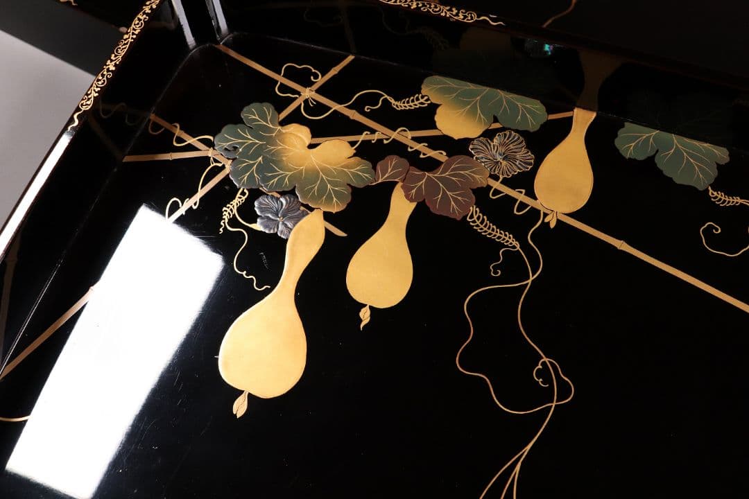 瓢箪雀蒔絵 広盆 大小一組 黒塗 金銀 螺鈿 木製漆器 広蓋 長方盆 花鳥MA9