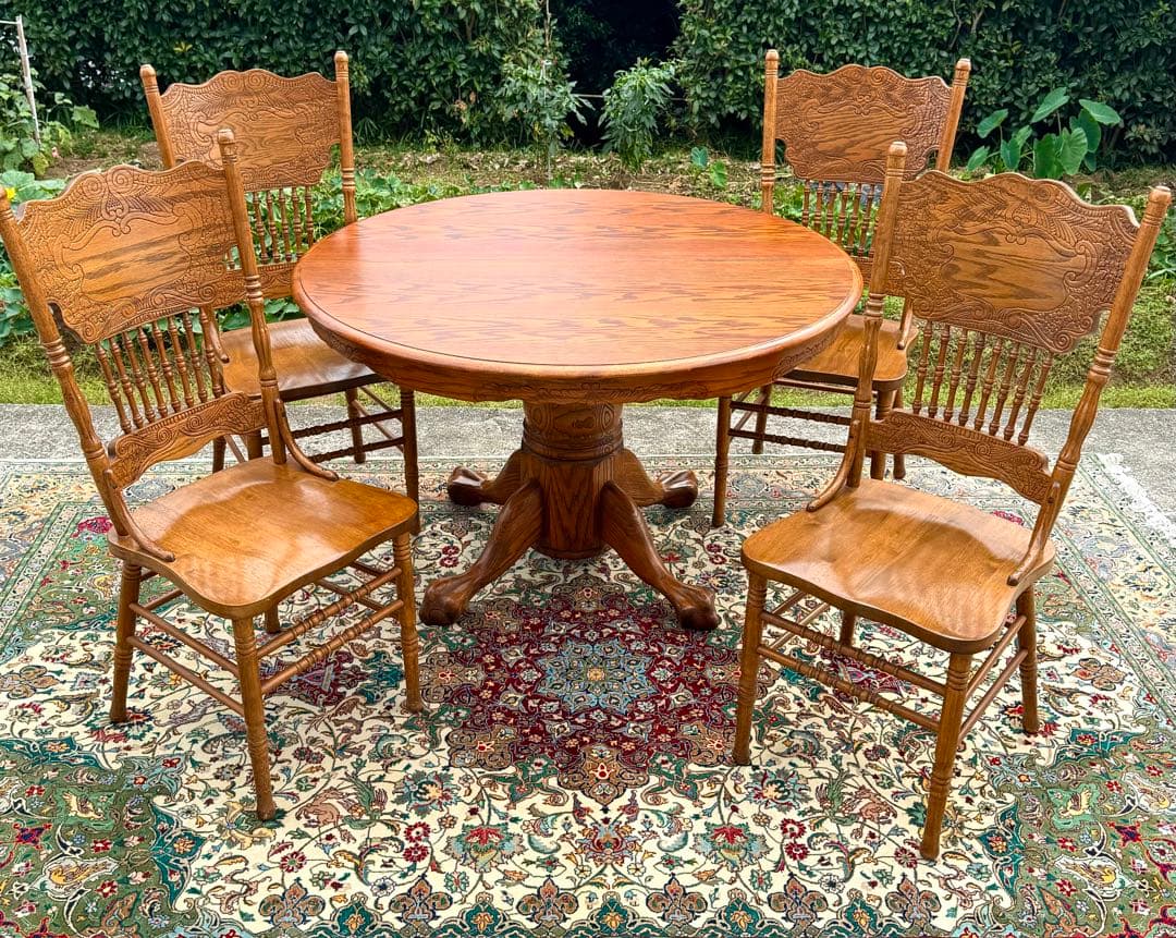 美しいオーク杢目 丸型伸長式テーブル ヴィンテージ　直径122-183cm