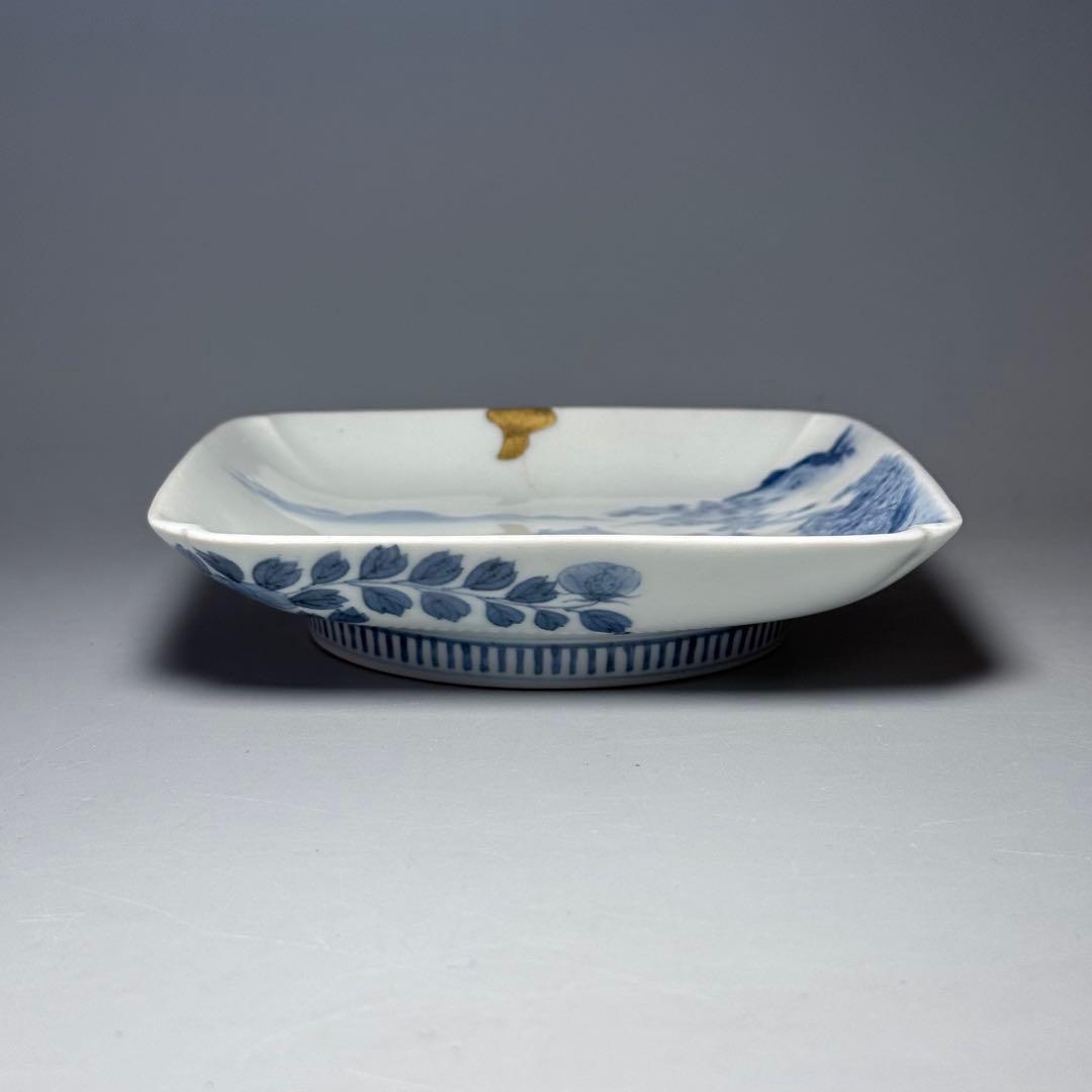 後期鍋島　江戸後期　染付楼閣山水図四方皿　共箱　緻密な絵付け　古美術　蒐集家旧蔵