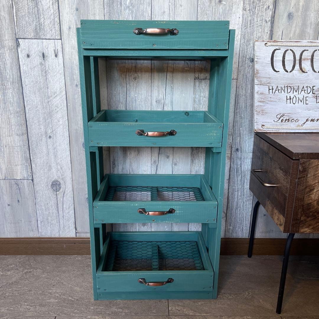 水色　4段　引き出し　ウッドシェルフ　ハンドメイド　家具