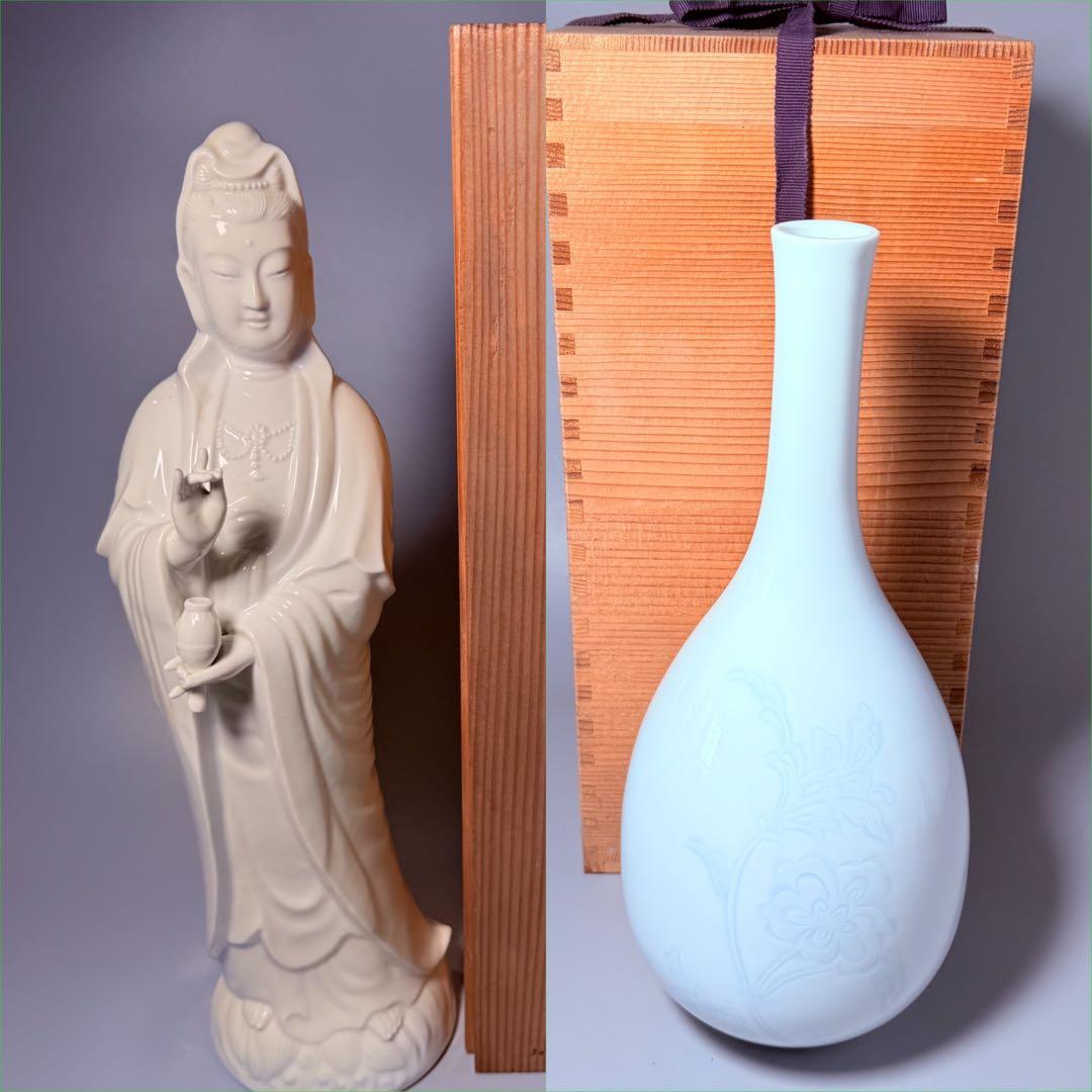 伊万里　鍋島　長春窯　白磁観音像　共箱有り　高さ45㎝