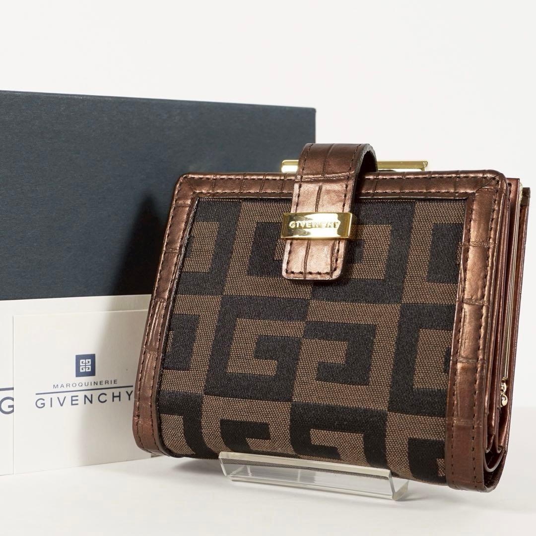 【極美品✨】ジバンシー　付属品　三つ折り財布　ロゴ総柄　がま口　レザー　ブラウン