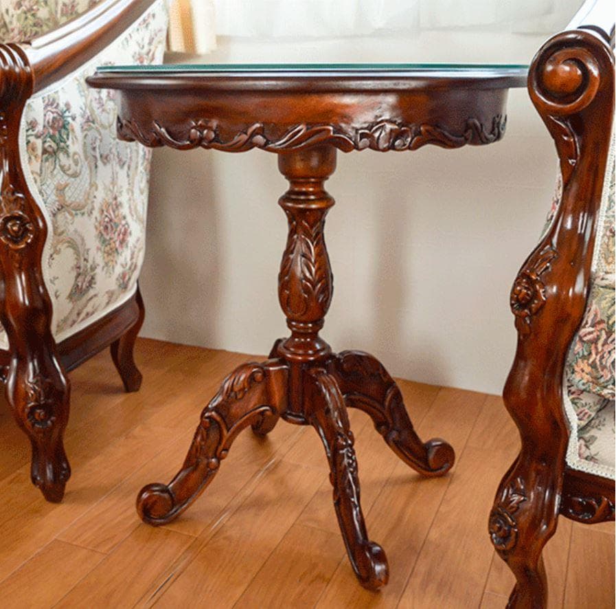 激安！　新品　マホガニー　円形　保護ガラス付　 花柄 　彫刻　猫脚　4本足