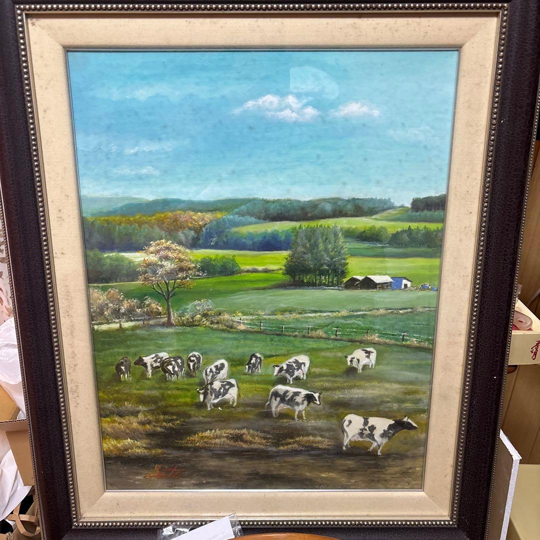 油彩画 牧場の風景 牛たち