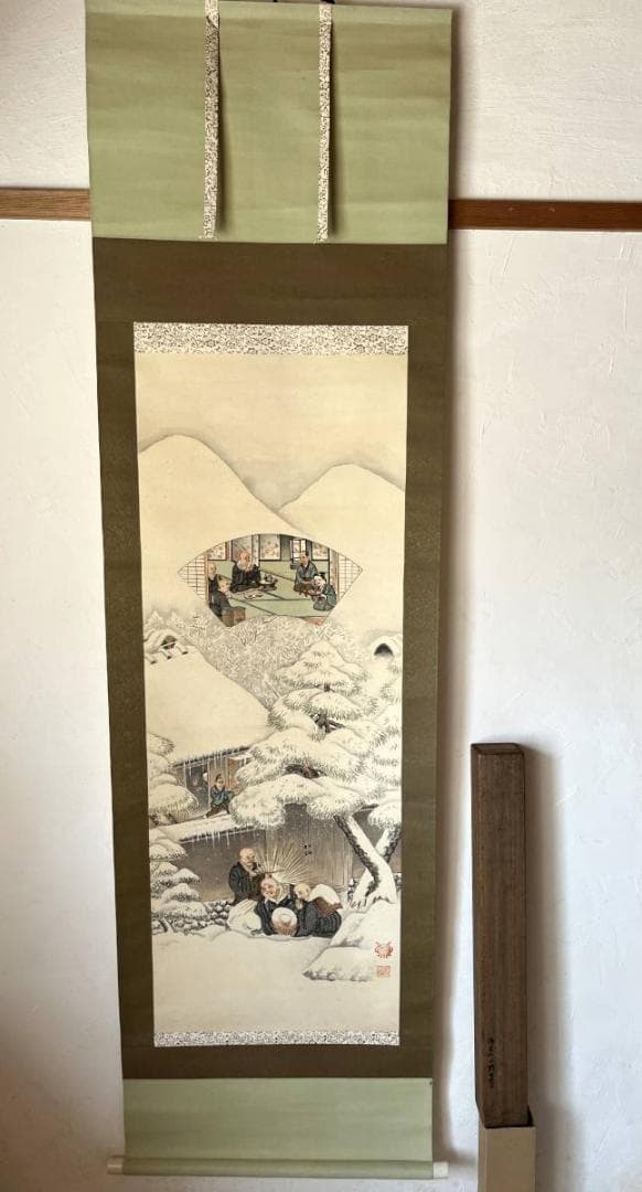 掛軸■扇絵人物会食坊主頭部発光之図 竹岱聖人？絹本 日本画 時代物 骨董品■⑦