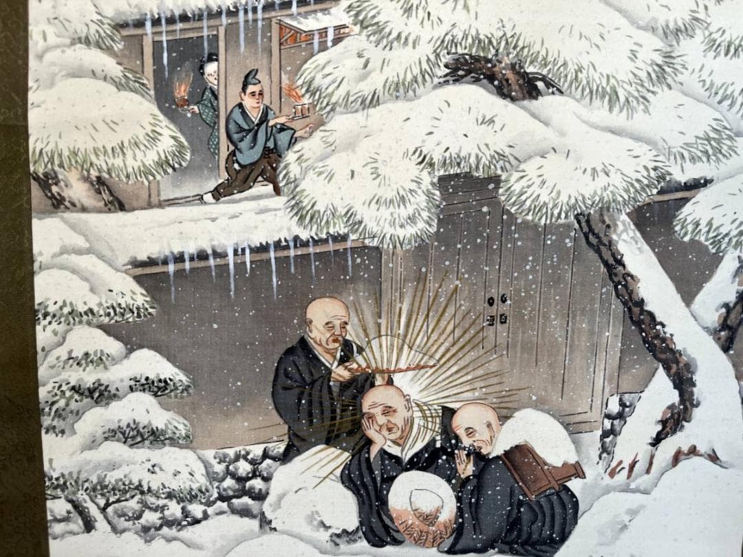 掛軸■扇絵人物会食坊主頭部発光之図 竹岱聖人？絹本 日本画 時代物 骨董品■⑦