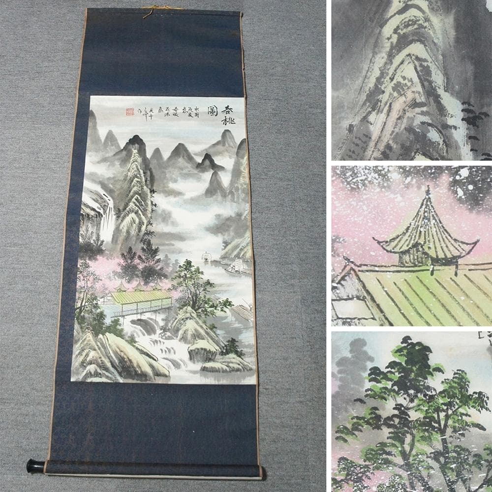 【画】　★ 字画 紙本水墨絵春桃図掛軸 ★　作家物　高山亭台 肉筆保証　近代書画