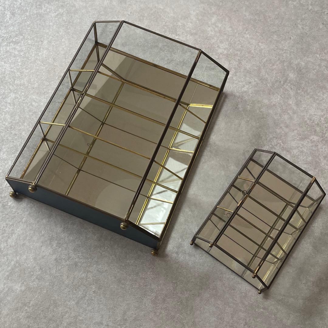 【2点セット】アンティーク 真鍮 ガラス ジュエリーボックス 大と小のセット