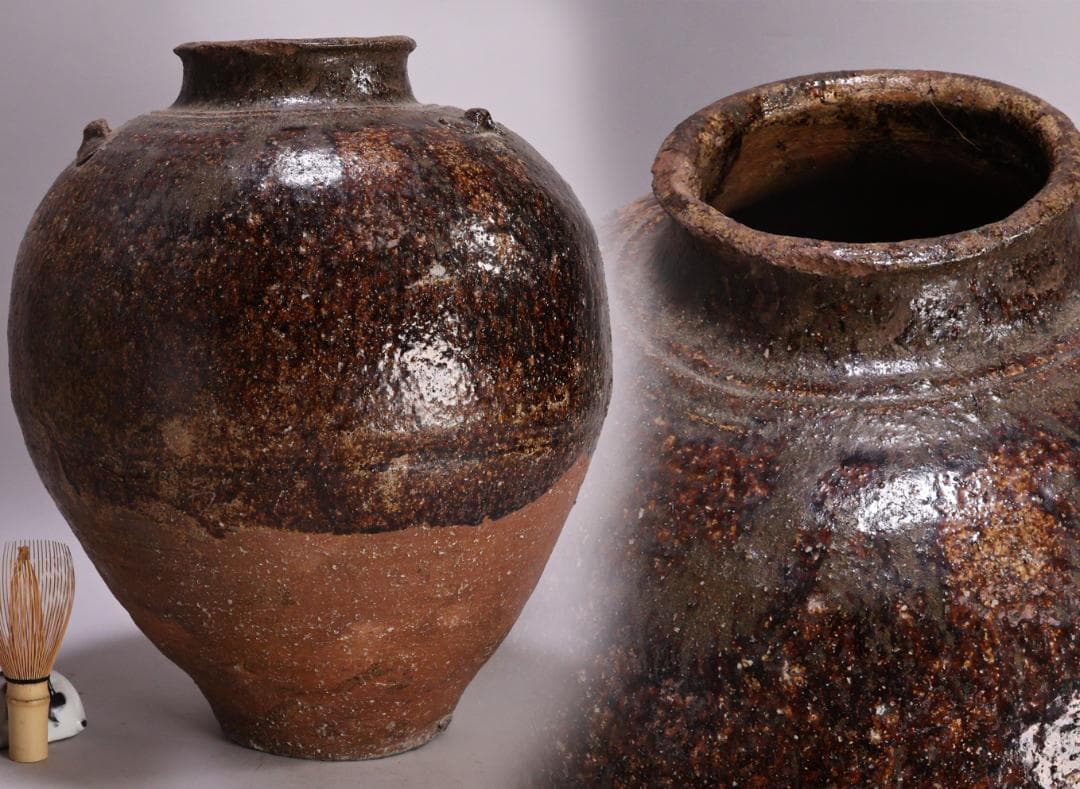 BK192　桃山ー室町期　古信楽　三耳壷　窯印　窯傷　壺　高さ38.5㎝ 花器