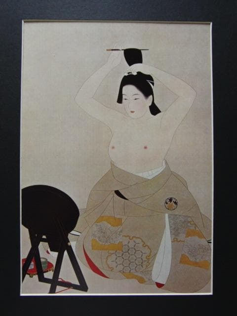 伊東 深水、「鏡」、額装用希少図版、新品額・額装付き、状態良好