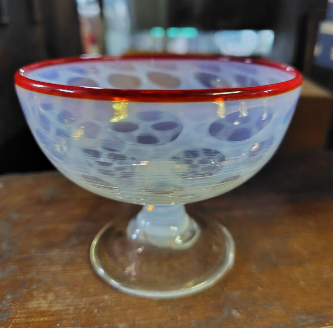 氷コップ 水玉 縁赤 乳白 明治 大正 昭和初期 アンティーク レトロ