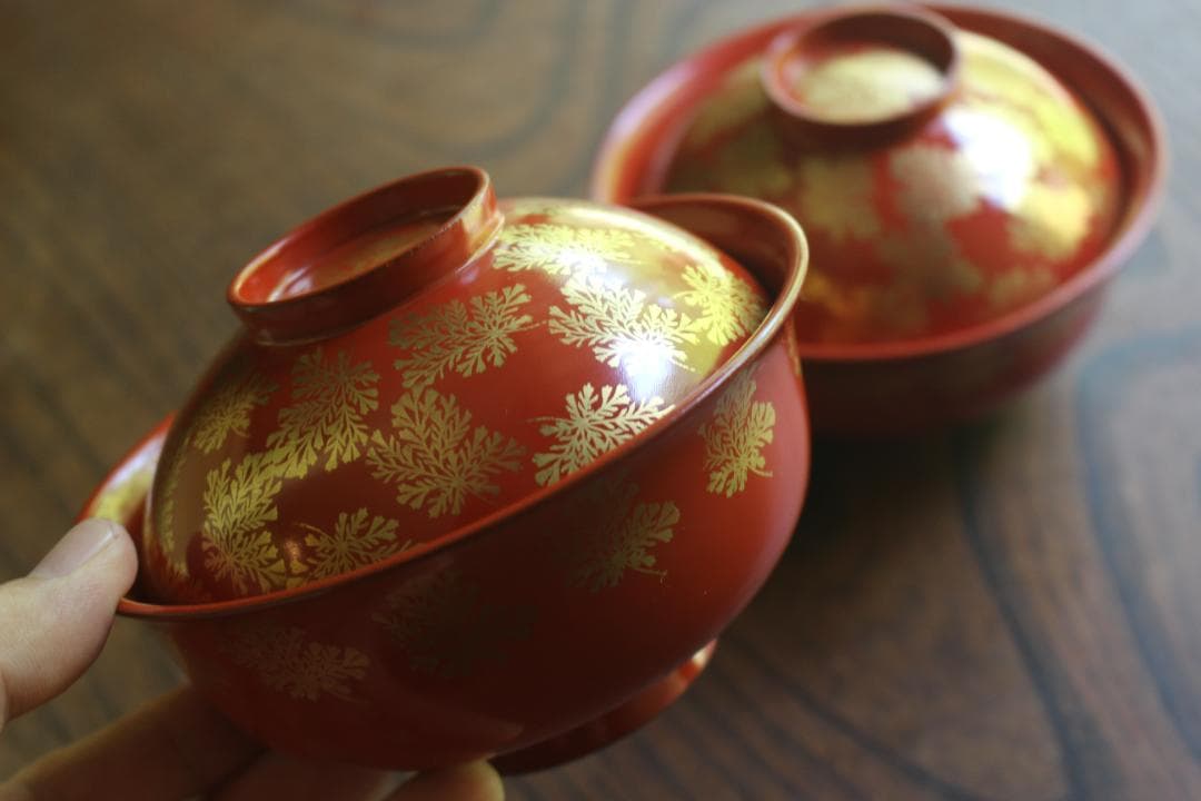 時代逸品！上質朱漆に極上信夫蒔絵の映えるお椀2点（検輪島塗懐石椀蒔絵椀