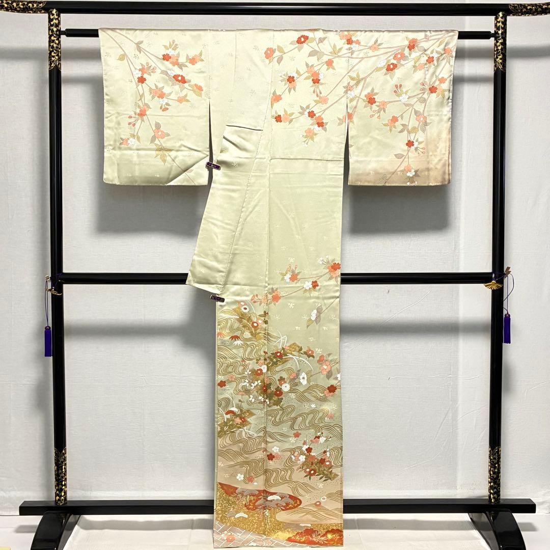 D44 訪問着 枝垂れ桜 荒波 金彩 正絹 着物 袷 極美品