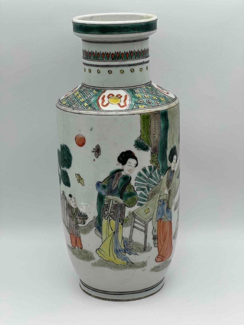 清時代 康熙五彩人物物語文瓶　西廂記棒槌瓶 花瓶(E-74)
