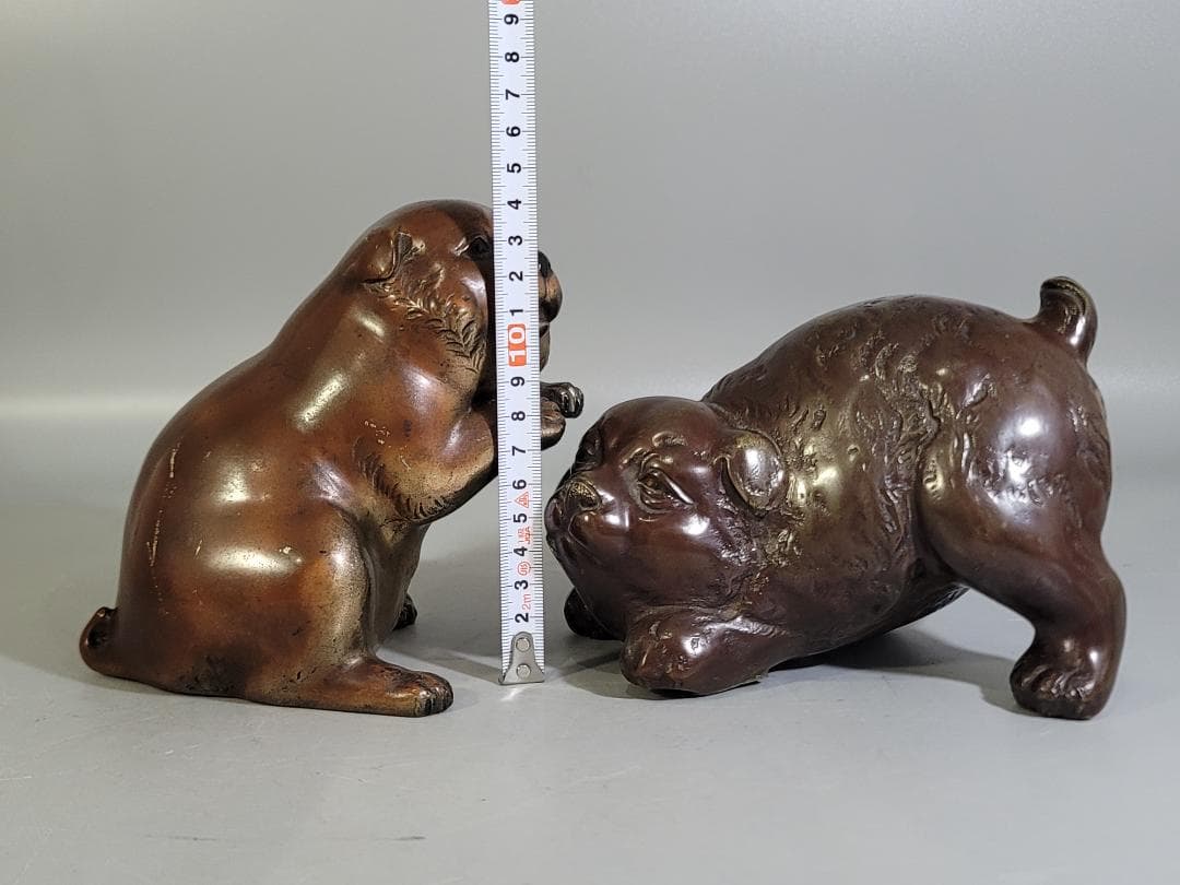 可愛い 遊 犬 置物 銅製 二件 DT592