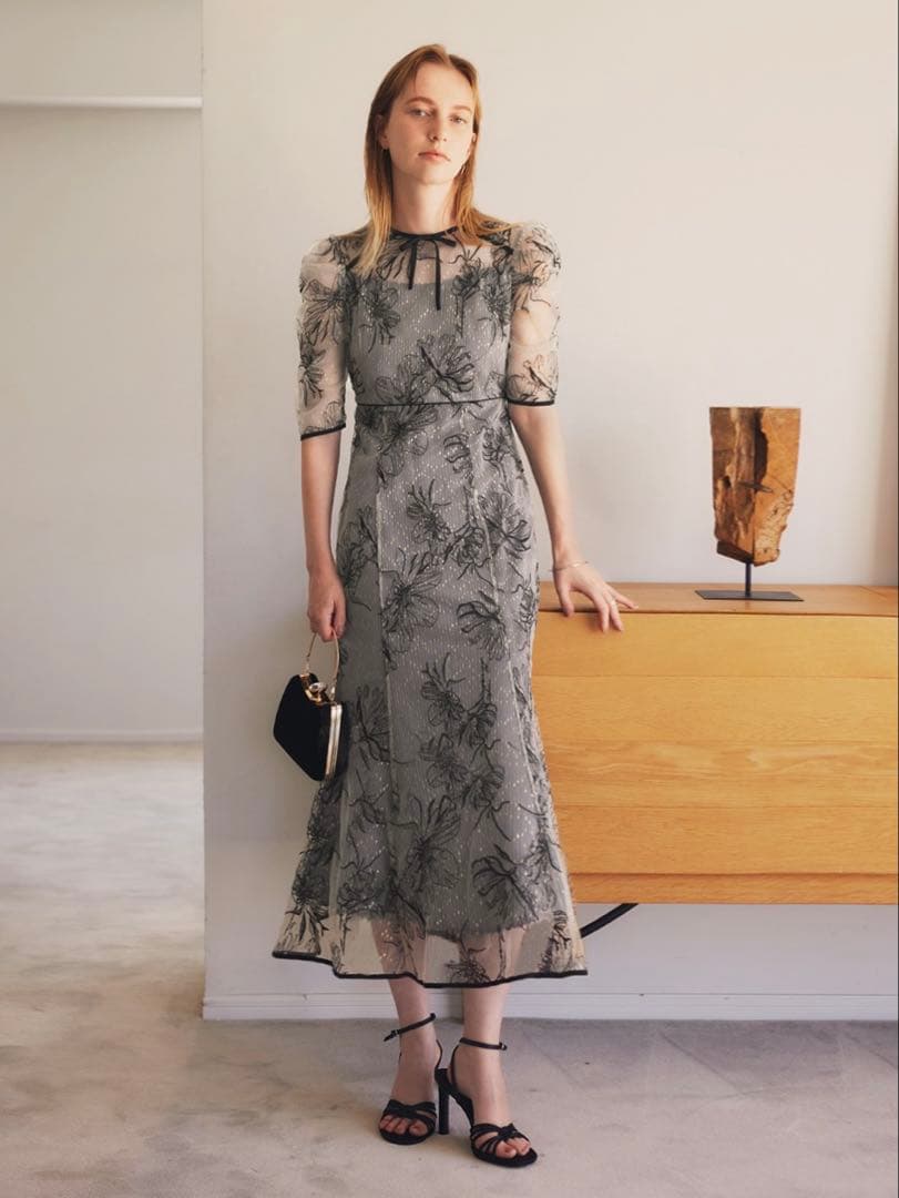 花柄リボンパフスリーブマーメイドワンピースドレス結婚式パーティー成人式二次会