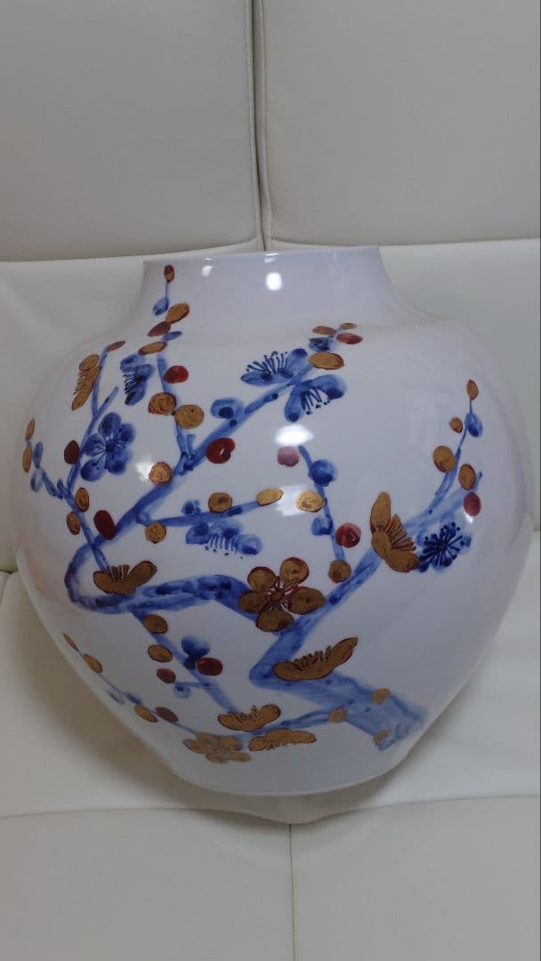 人間国宝篠田義一作 金彩梅花良寛詩花瓶 木箱付き