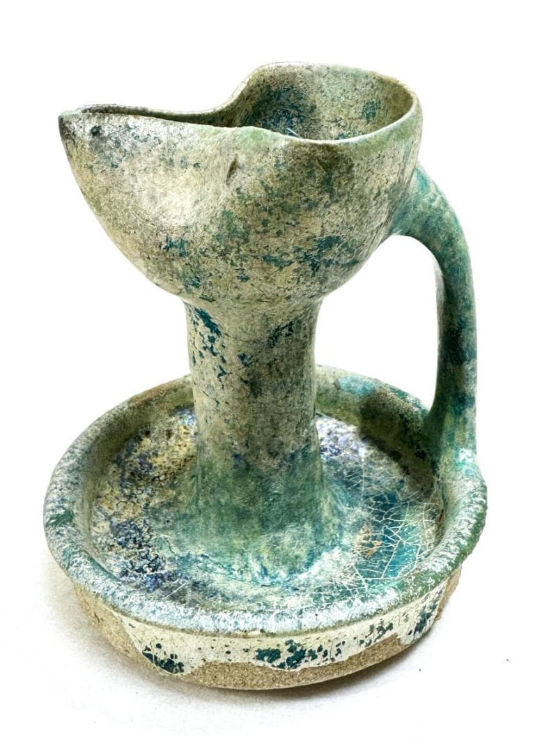 古代イラン・ペルシャ古陶 青釉銀化灯火器 箱付 古美術 古玩 骨董WWTT231