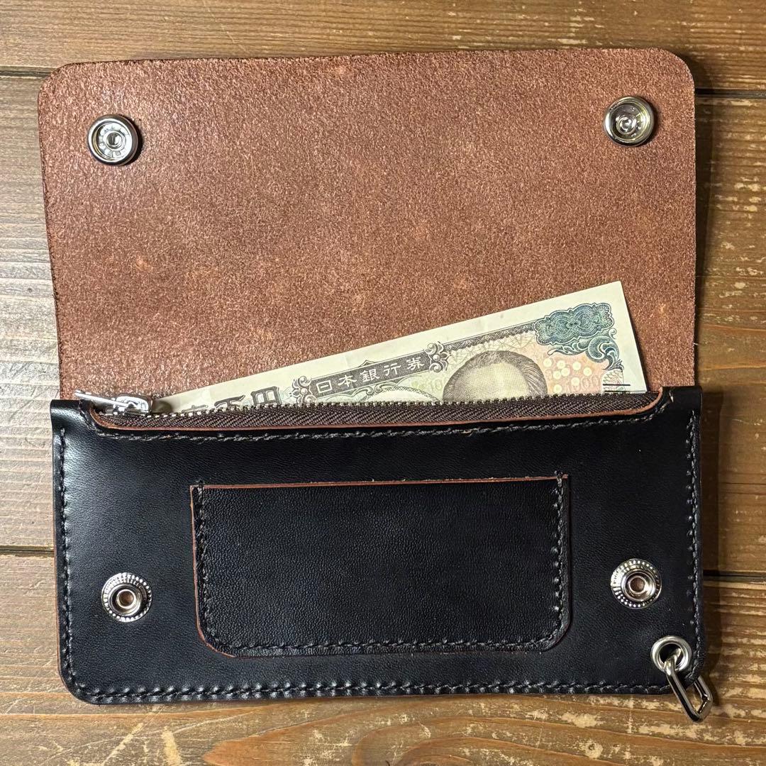 ハンドメイド 茶芯 トラッカーウォレット ブラック 本革 1点のみ