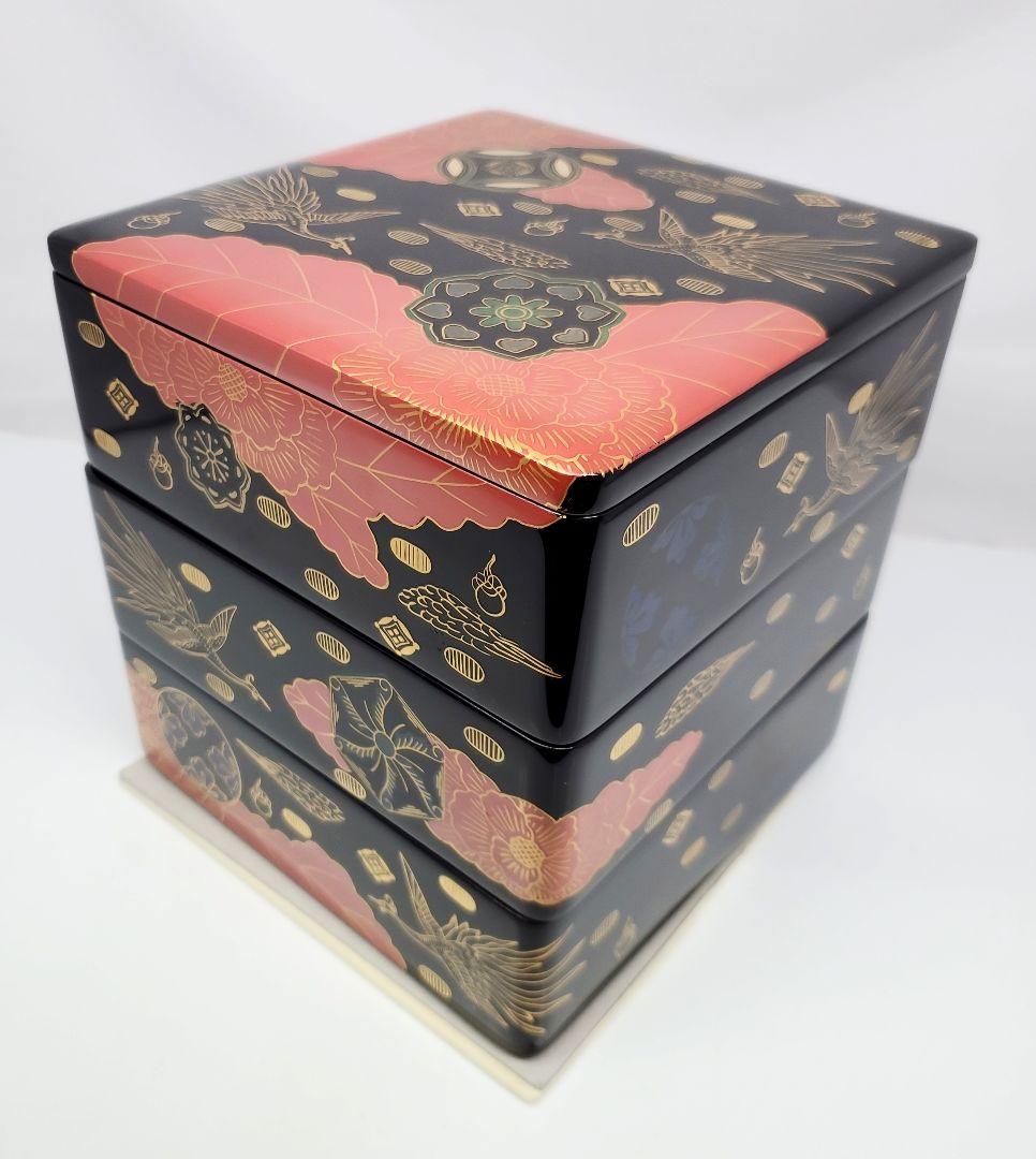 【会津漆器　錦絵蒔絵　三段重箱】天然木製　白木屋漆器店　お重