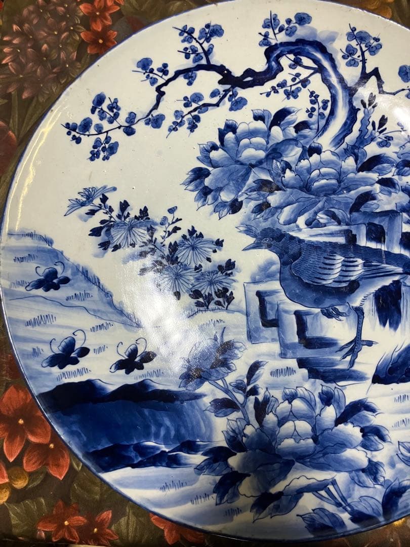 旧家蔵出し品　古伊万里　古い大皿　梅に牡丹花　雉　梶忠製　縁起物　飾り皿