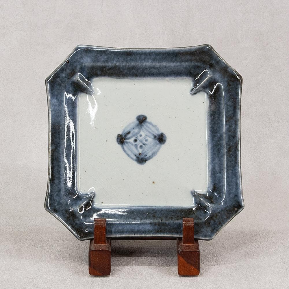 河井透 飾り皿「藍七宝紋角皿」22.5cm 共箱（河井武一の長男）河井寛次郎系統