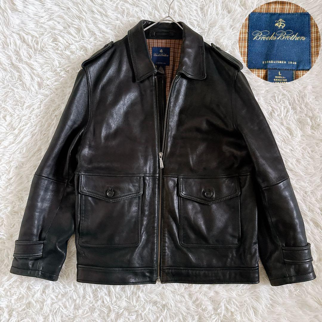 Lサイズ✨ブルックスブラザーズ オールレザージャケット フルジップ 裏地チェック