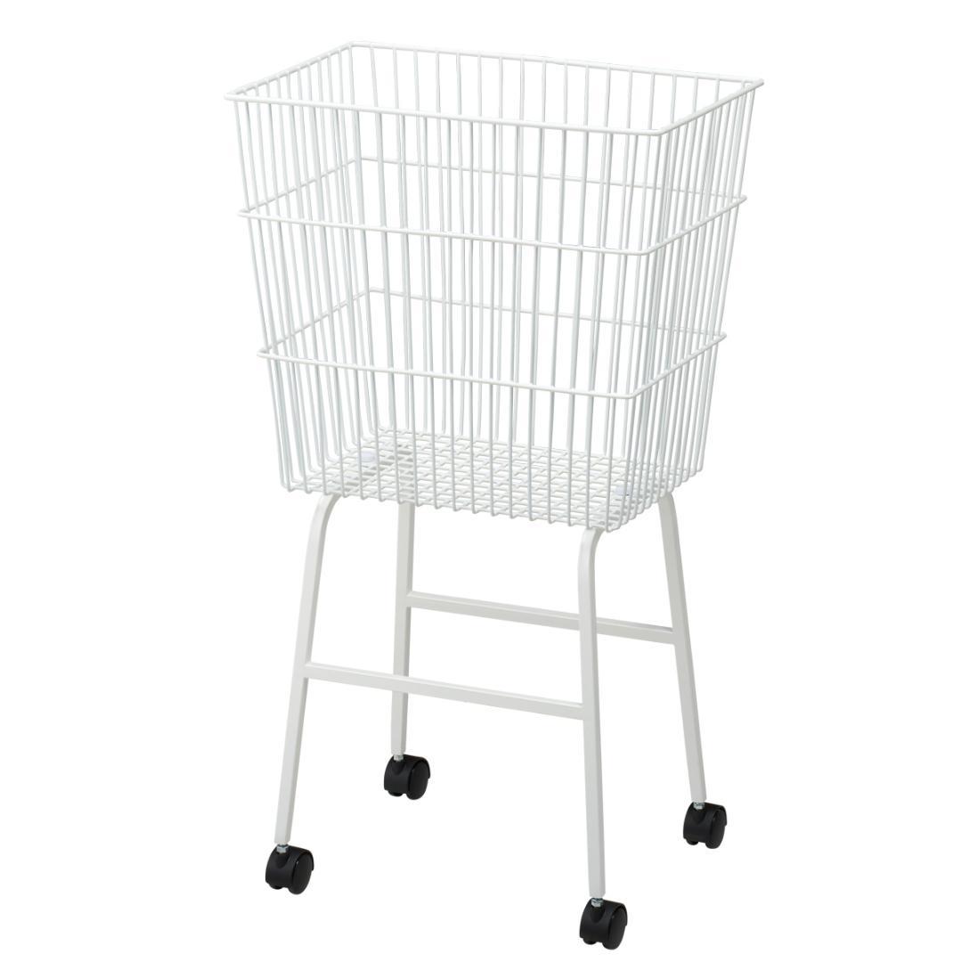 新品■簡単バスケット投げ込みワゴン46cmホワイト白キャスター付スチール籠業務用