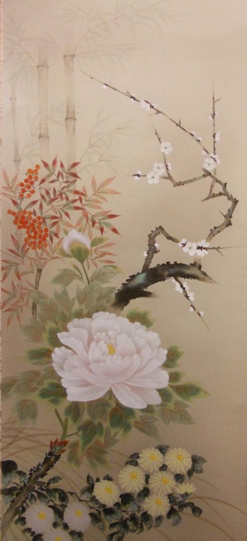 掛け軸 金子華春 『 四季花 』 絹本 希少 軸装 茶道具 掛軸 美品 です。