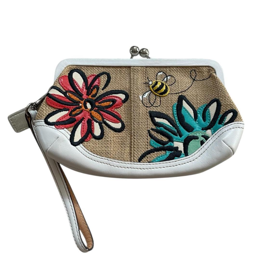 コーチ　がま口 花刺繍 蜂 キャンバス レザー ポーチ