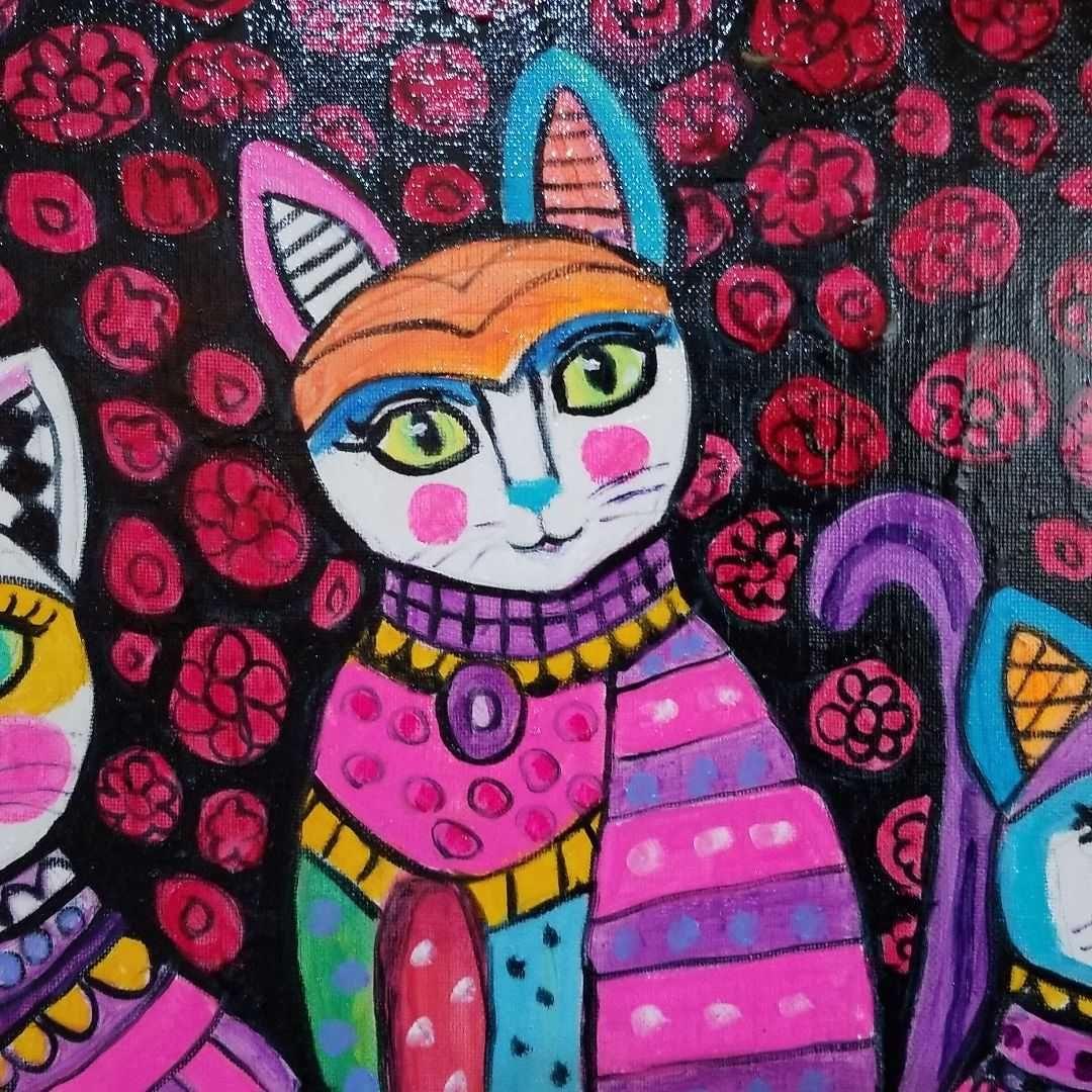 油絵　専用　カラフルおしゃれ猫三姉妹