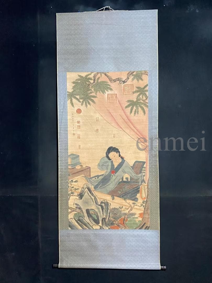 中国古美術・旧藏・明代風・唐寅款・人物図・手描き中堂画・宣紙・掛軸・書画・骨董