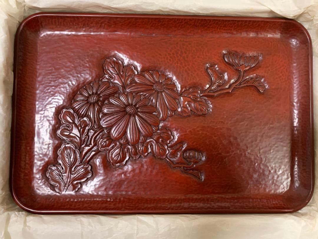 未使用品　鎌倉彫　菊　盆　アンティーク　昭和レトロ