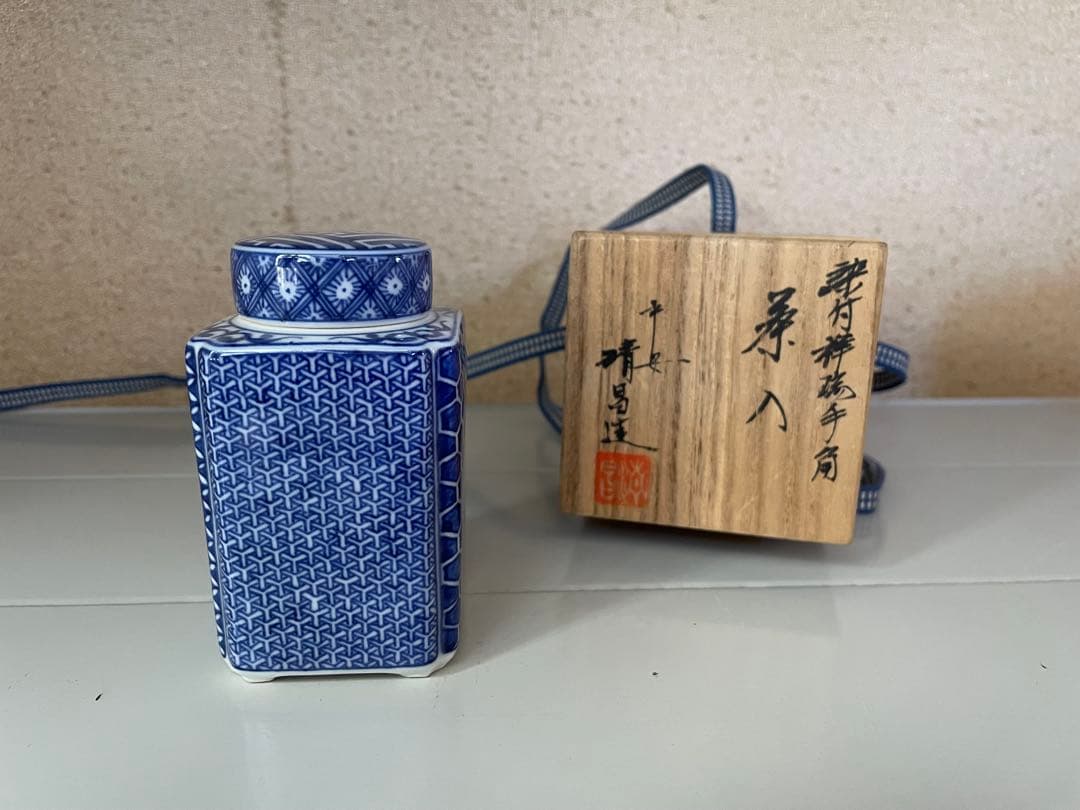 平安清昌 茶入れ 染付祥瑞 角形/京焼/加藤清昌