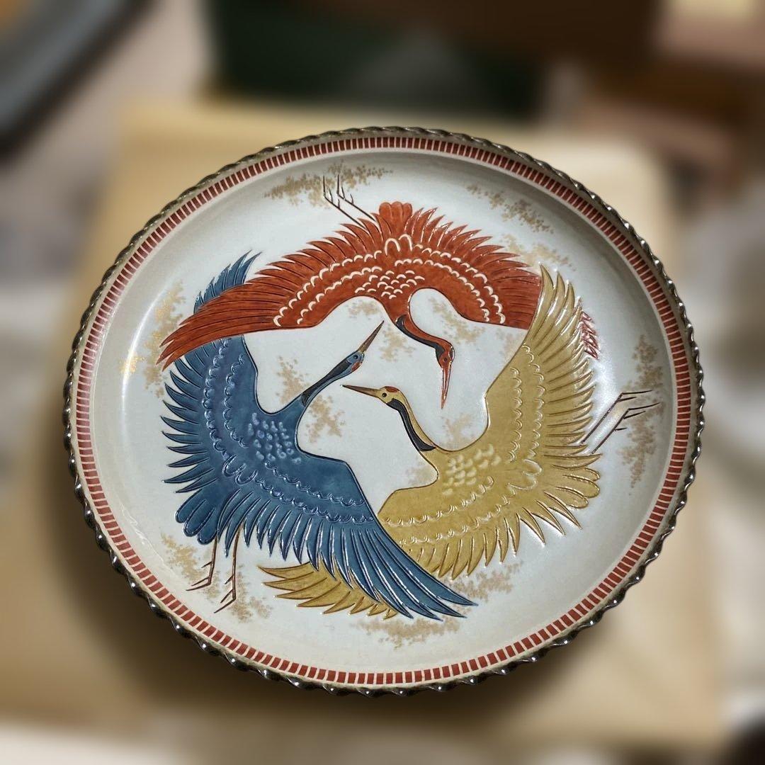 色絵三鶴　額皿　螢窯　中村翠恒氏作　34㎝　共箱入