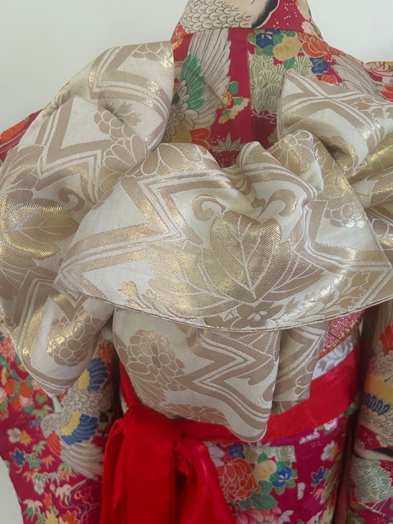 7歳　七五三　アンティーク正絹着物、アンティーク帯、帯揚げ、帯締め　しごきセット