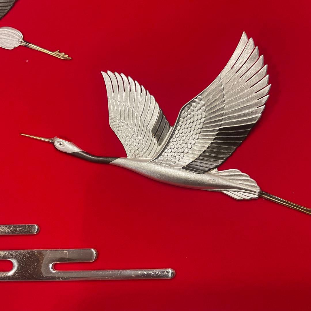 関武比古 作 純銀製 シルバー999 鶴 日の出 レリーフ 額入り銀細工