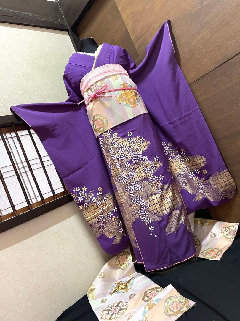 振袖 フルセット6点サイズM〜Ｌ流水舞桜文　金彩　正絹