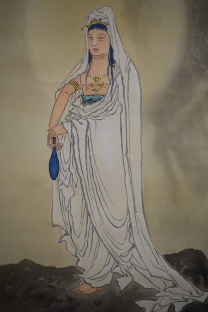 真作/雲案/岩上観音図/布袋屋掛軸HJ-337