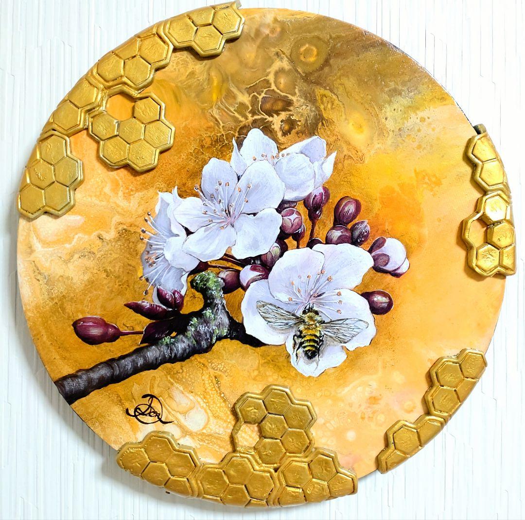 花と蜂の油絵【蜂と杏子】1点物の原画/作者サイン入り/真作/油彩画/希少品