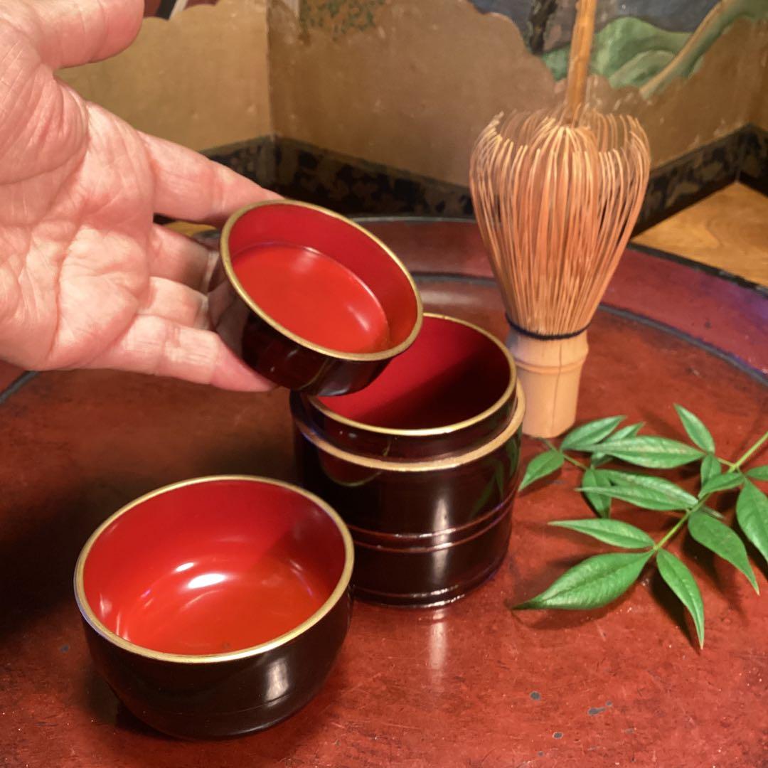 A1025 木製漆器　溜塗　　時代　化粧道具　菓子器　小物入（大、小）セット