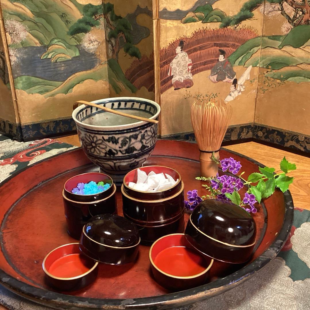 A1025 木製漆器　溜塗　　時代　化粧道具　菓子器　小物入（大、小）セット