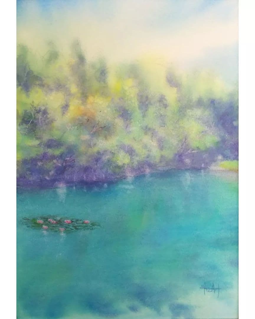 癒しの水彩画1013  湖水-睡蓮-