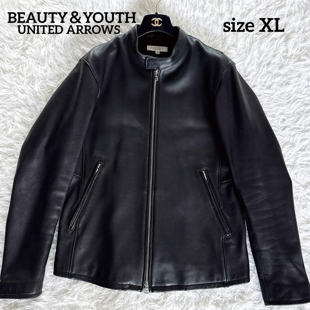 【BEAUTY&YOUTH】シングルライダースジャケット 羊革 ブラック XL